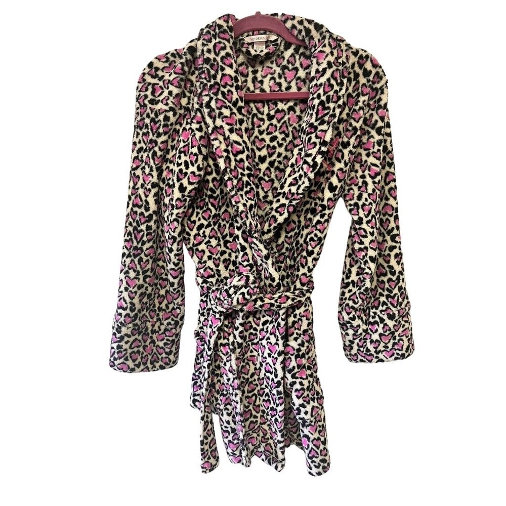 Victoria secret short fleece robe heart pattern shawl collar tie w sz XS